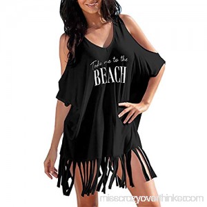 FAPIZI Women Tassel Letters Print Baggy Swimwear Casual Loose Strapless Bikini Cover-UPS Beach Dress Black B07NQJ9DFX